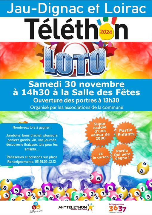 Téléthon Loto Salle des fêtes Jau Dignac et Loirac samedi 30 novembre 2024