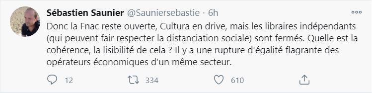 Tweet Sébastien Saunier confinement librairies