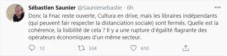 Tweet Sébastien Saunier confinement librairies