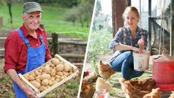 A farmer holding a crate of potatoes and a farmer feeding chickens