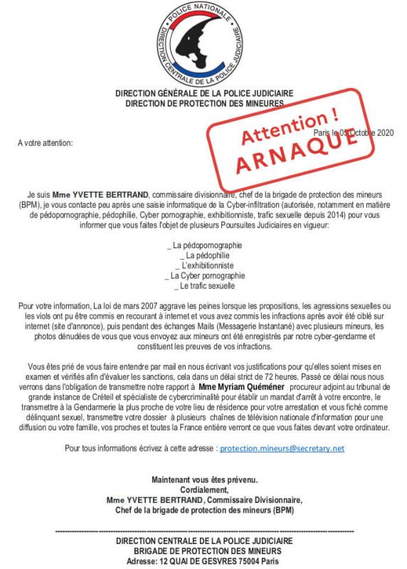 ATTENTION, ESCROQUERIE AU FAUX COURRIEL AU MOTIF PÉDOPORNOGRAPHIQUE