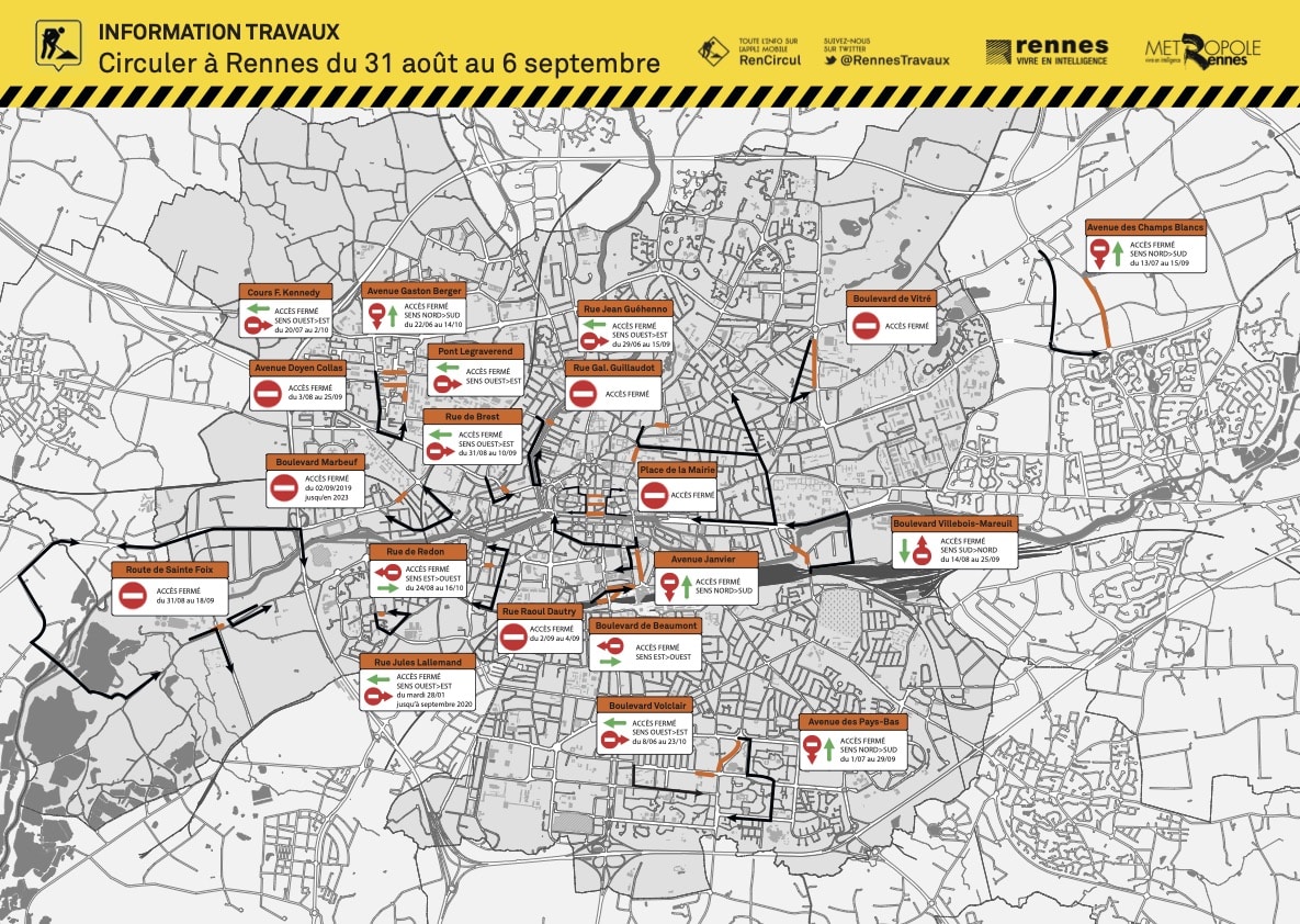 RENNES. TRAVAUX ET CIRCULATION DU 30 AU 10 SEPTEMBRE 2020