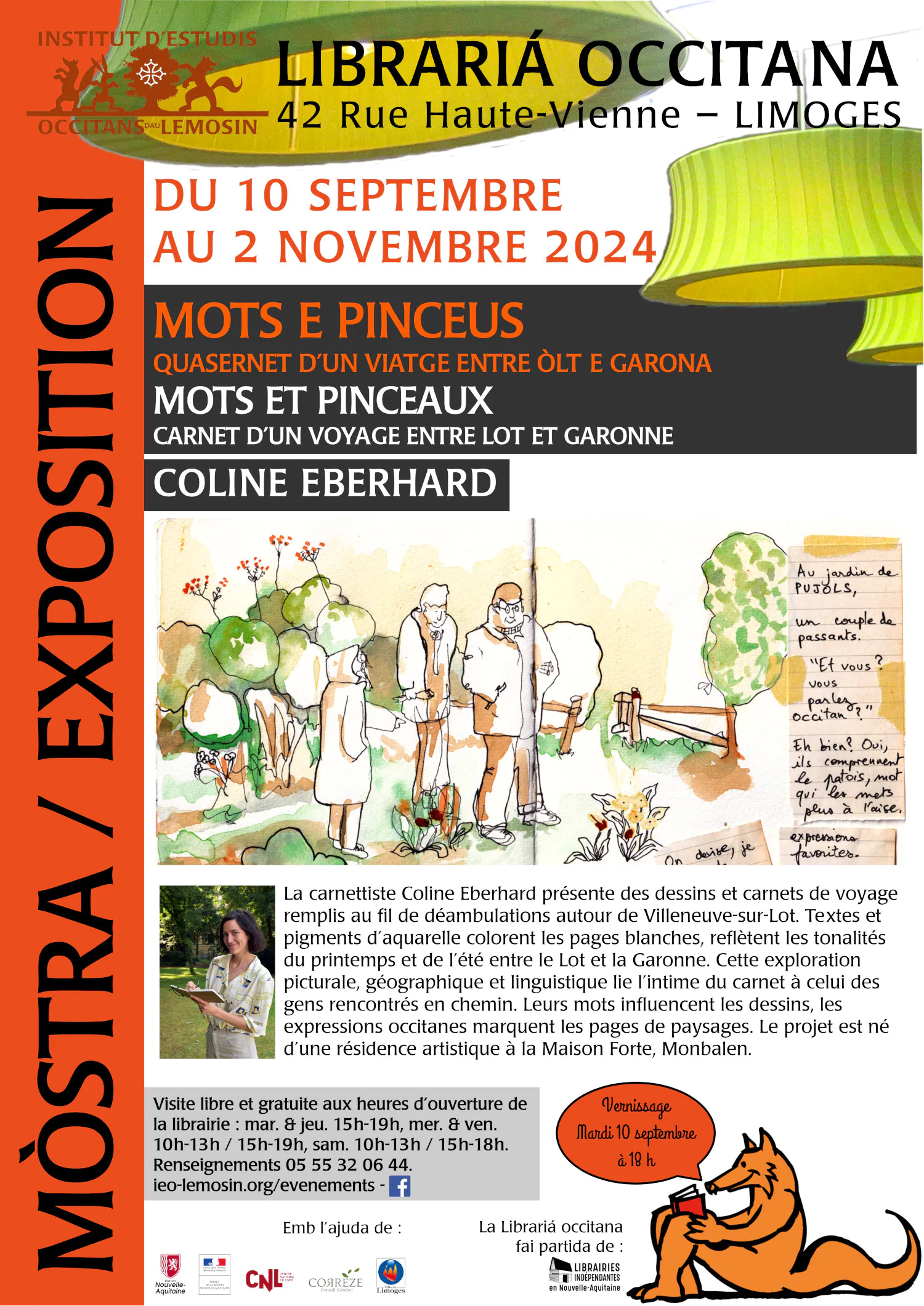 Exposition "Mots et Pinceaux Carnet d'un voyage entre Lot et Garonne" Librairie Occitane