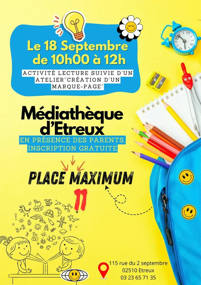 Activité lecture suivie d'un atelier "Création d'un marque page" Médiathèque d'Etreux Étreux