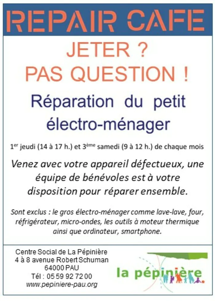 Réparation du petit électro-ménager Centre social de la Pépinière Pau