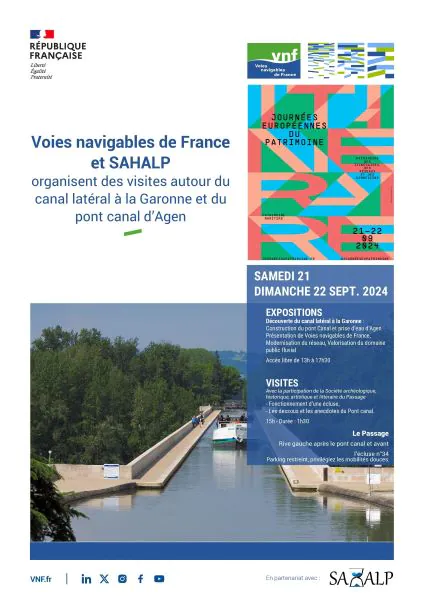 Journées du patrimoine Voies navigables de France et SAHALP Visites autour du canal latéral à la Garonne et du pont canal d’Agen