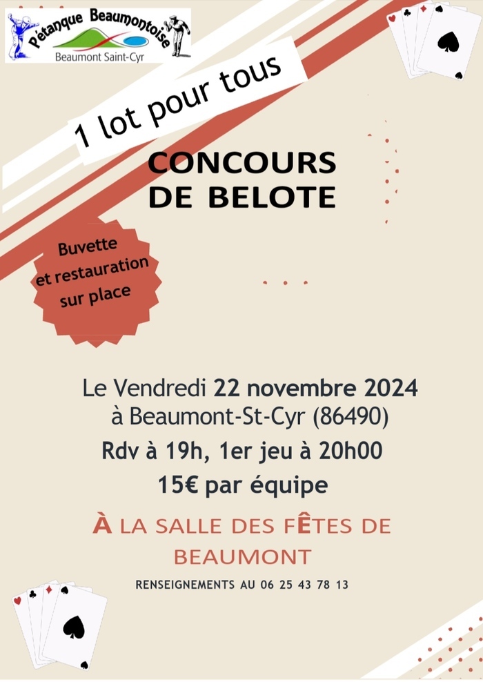 Concours de belote Salle des fêtes de Beaumont 86490 Bailleul-Sir-Berthoult