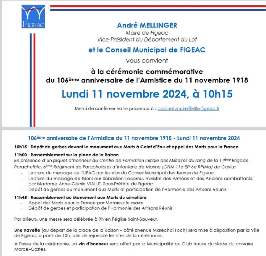 Figeac Cérémonie de commémoration 106ème anniversaire de l’Armistice du 11 novembre 1918