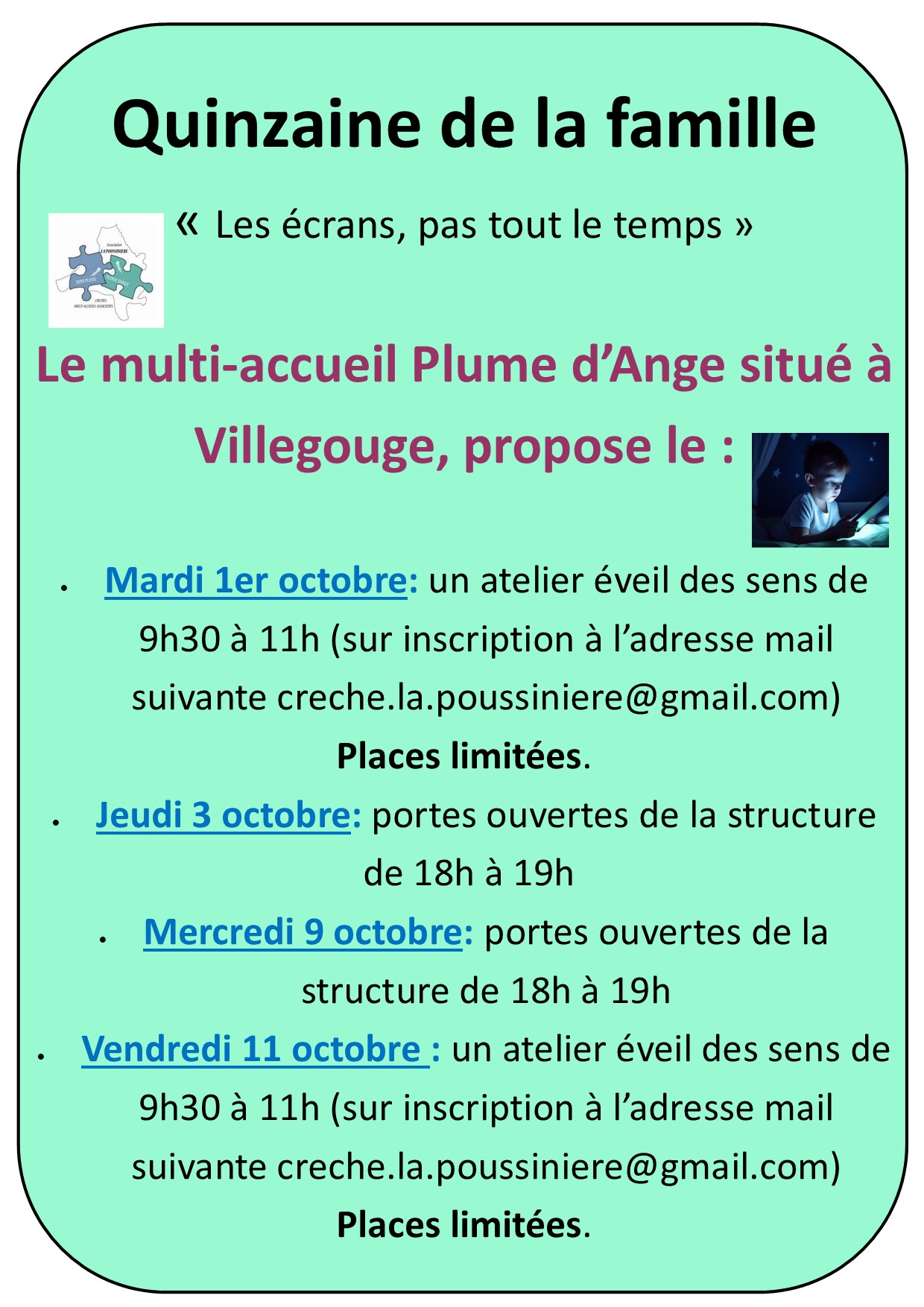 Crèche Mini Plume (3 mois à 3 ans) Quinzaine de la famille en Fronsadais