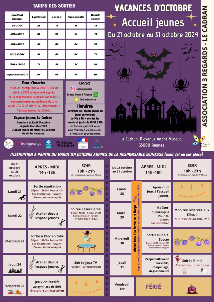 Programme vacances d'automne secteur jeunesse Cadran Rennes