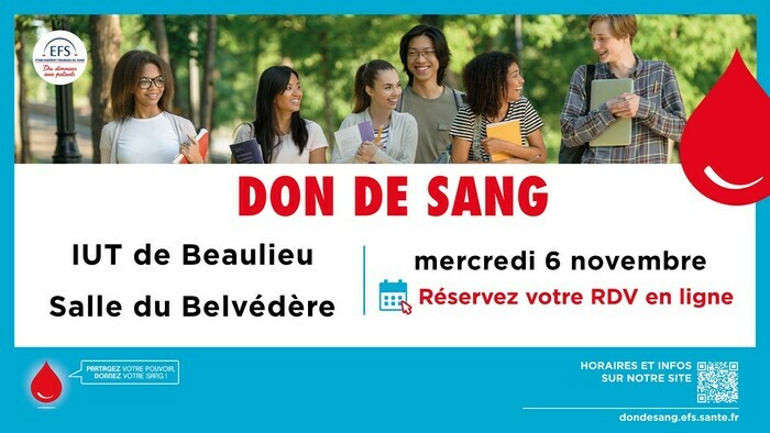 Come and donate blood on November 6 at the IUT of Rennes IUT of Rennes – Site Clos Courtel Rennes Wednesday November 6, 2024