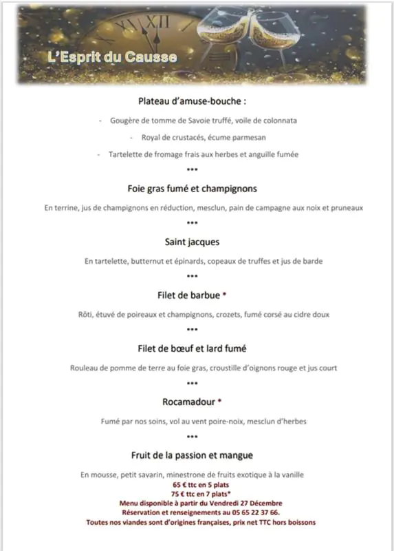 Menu de réveillon à l'Esprit du Causse