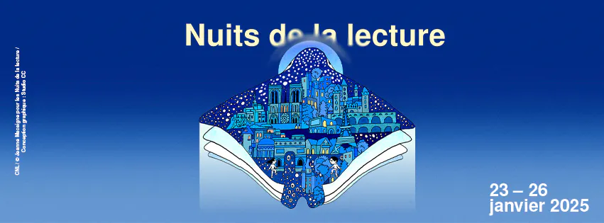 Bannière des Nuits de la lecture 2025 : dessin évquant une raie manta dont le dos est recouvert d'illustrations de décors urbains sous un ciel étoilé