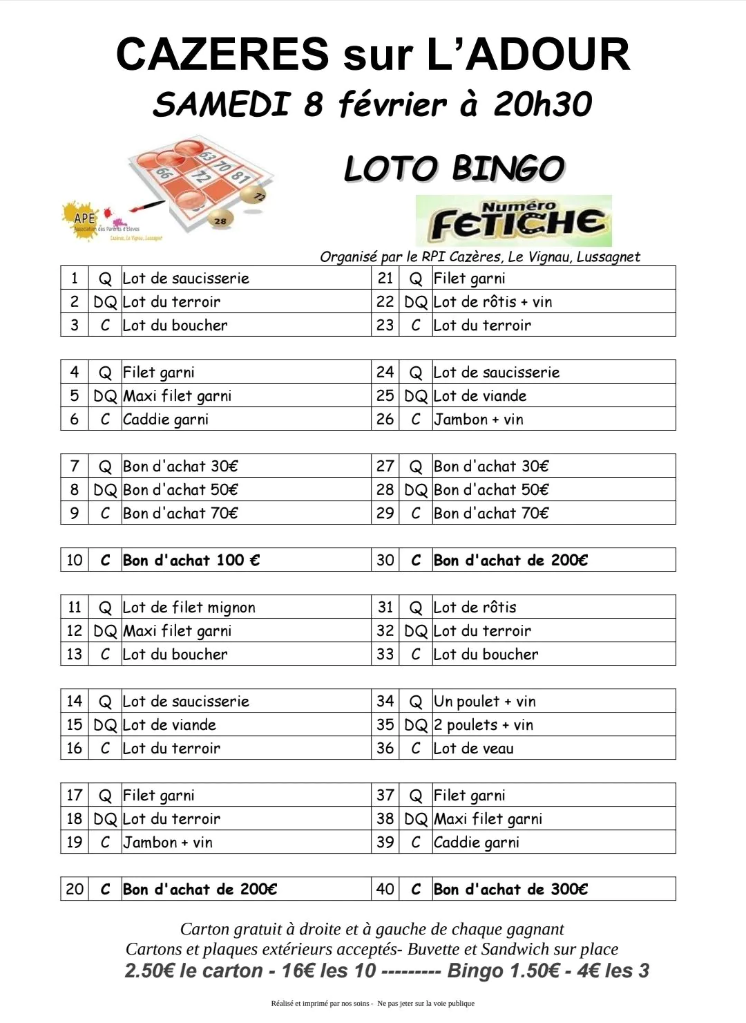 Loto Bingo APE Cazères