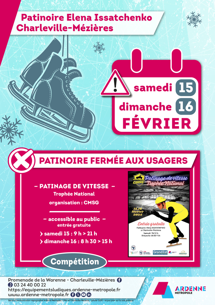 Patinage de vitesse - samedi 15 et dimanche 16 février 2025 Patinoire Elena Issatchenko Charleville-Mézières