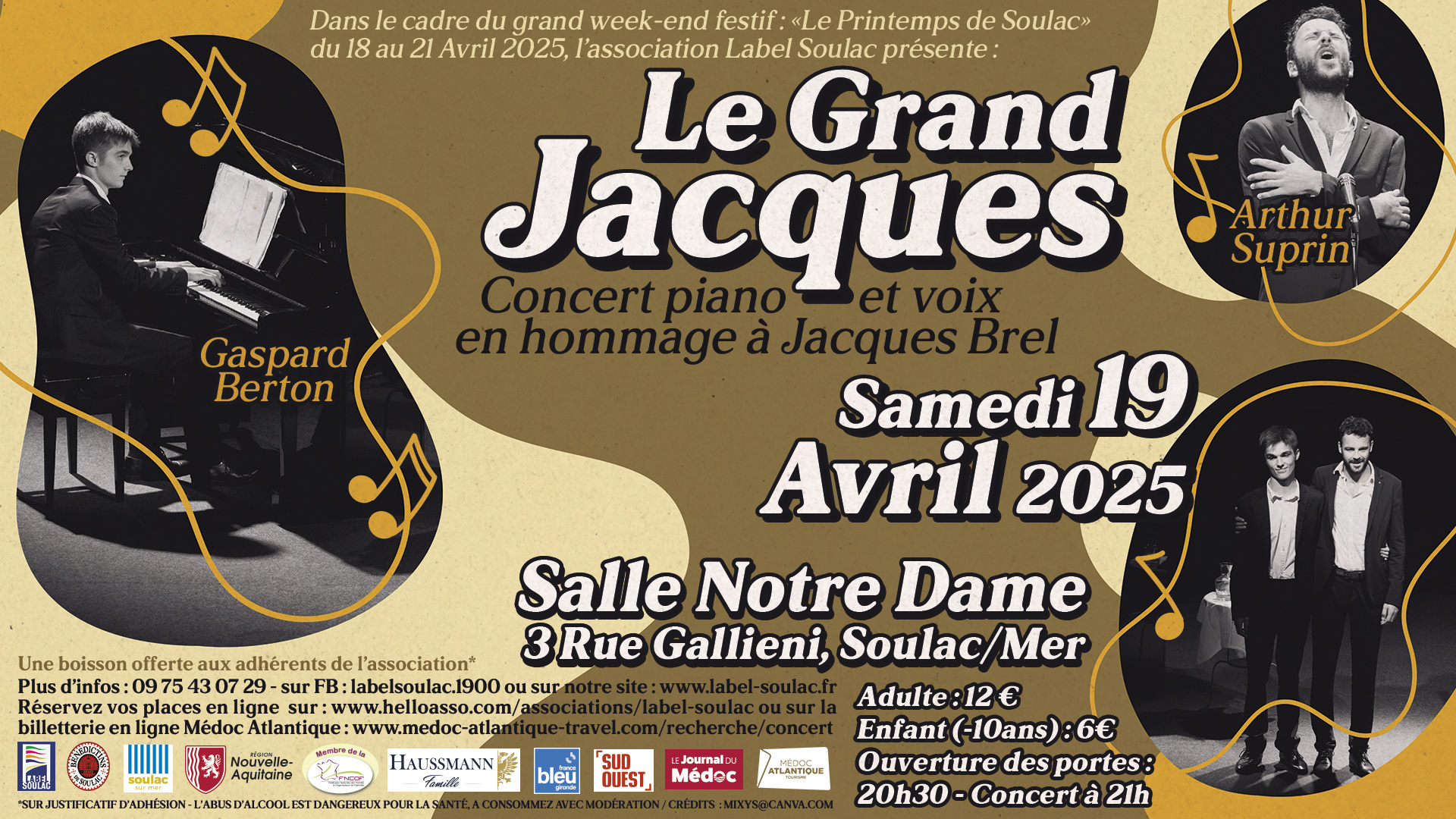 "Le Grand Jacques" Concert piano-voix en hommage à Jacques Brel proposé par Label Soulac