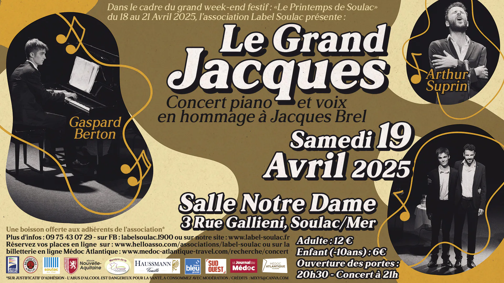 "Le Grand Jacques" Concert piano-voix en hommage à Jacques Brel proposé par Label Soulac