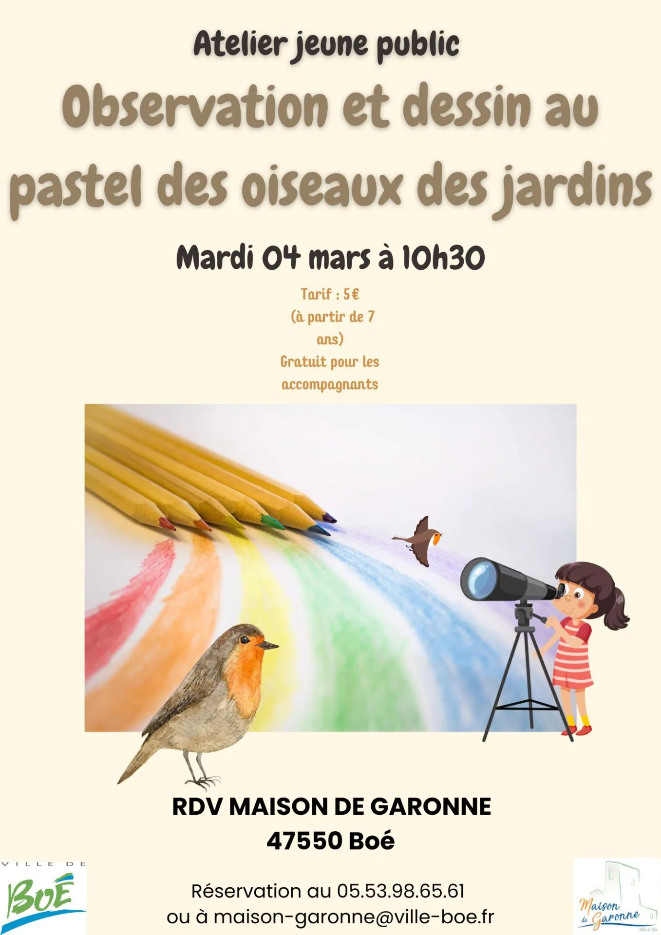 Atelier d’observation et de dessin au pastel des oiseaux des jardins.