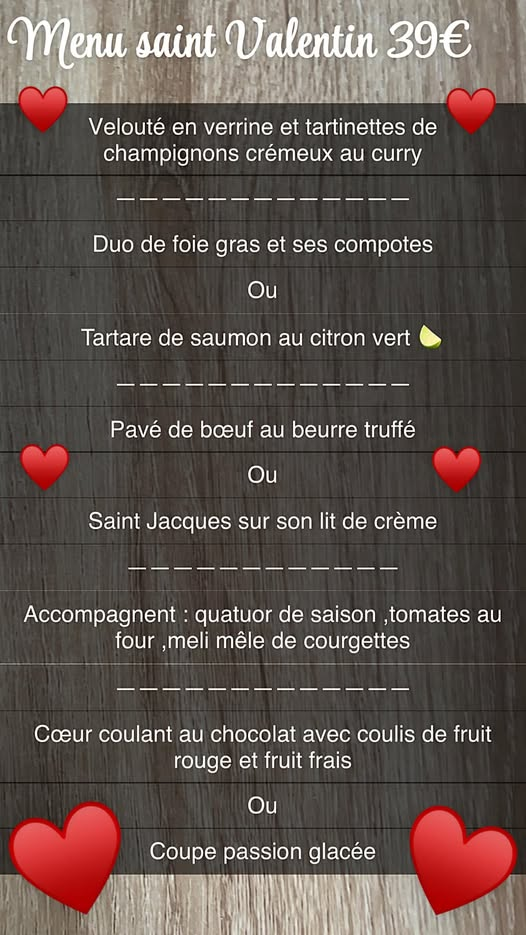 Menu de la Saint-Valentin à l'Auberge du Botaniste