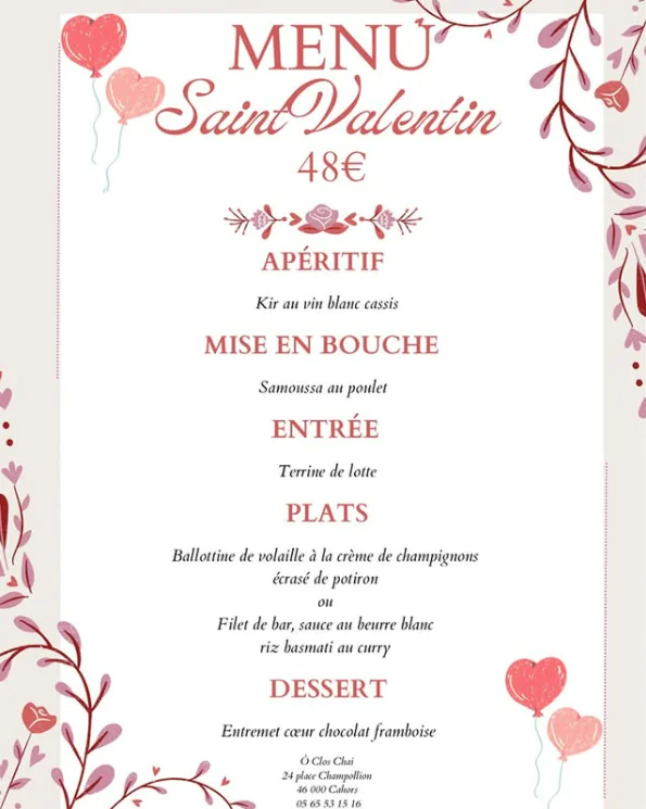 Menu Saint-Valentin Ô Clos Chai