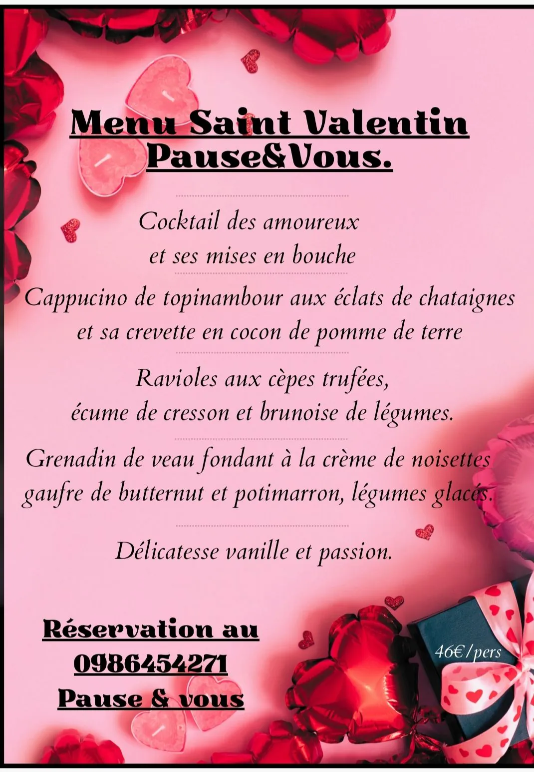 Repas St Valentin- Restaurant Pause et Vous