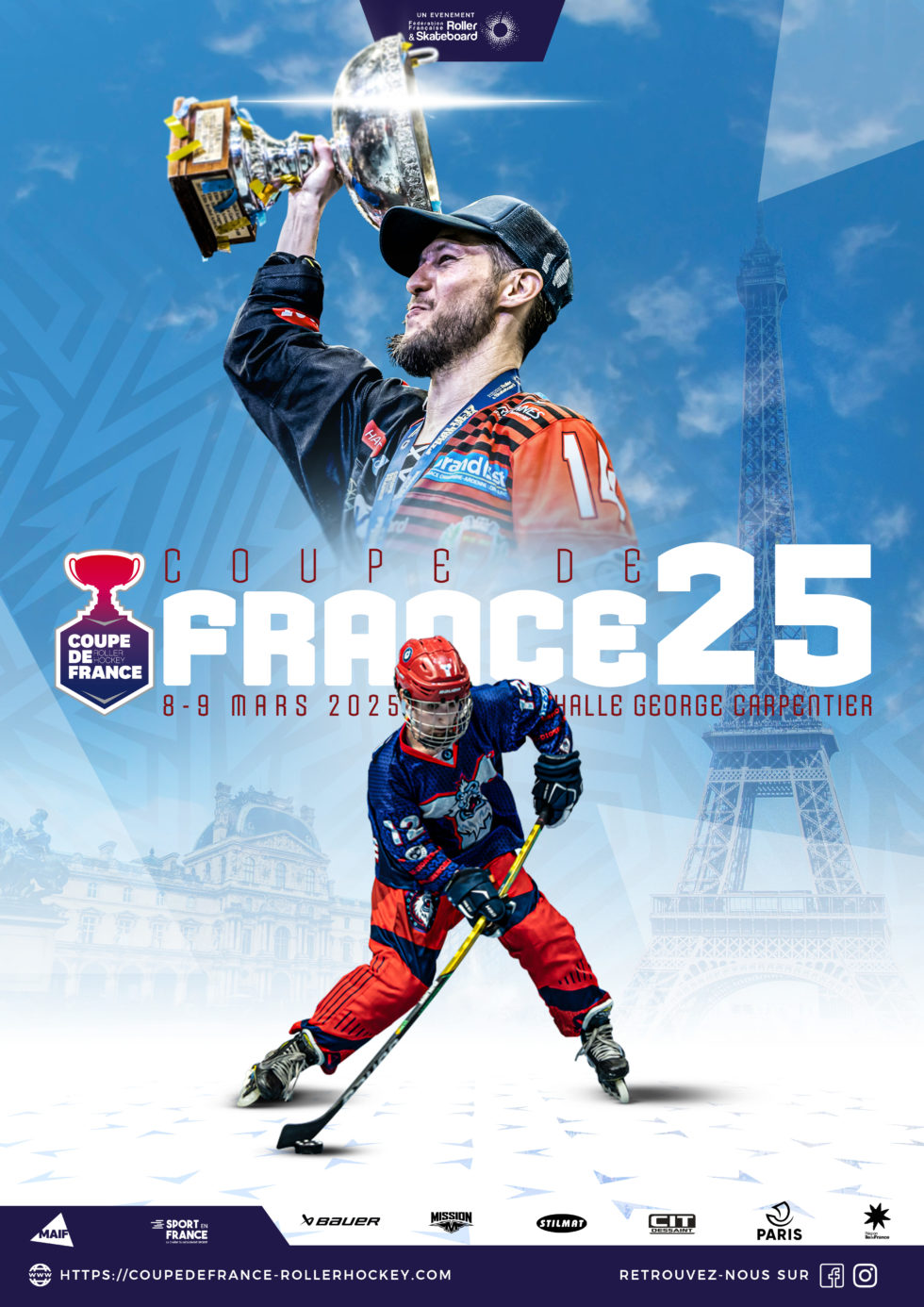 Affiche montrant des joueurs de roller hockey. 