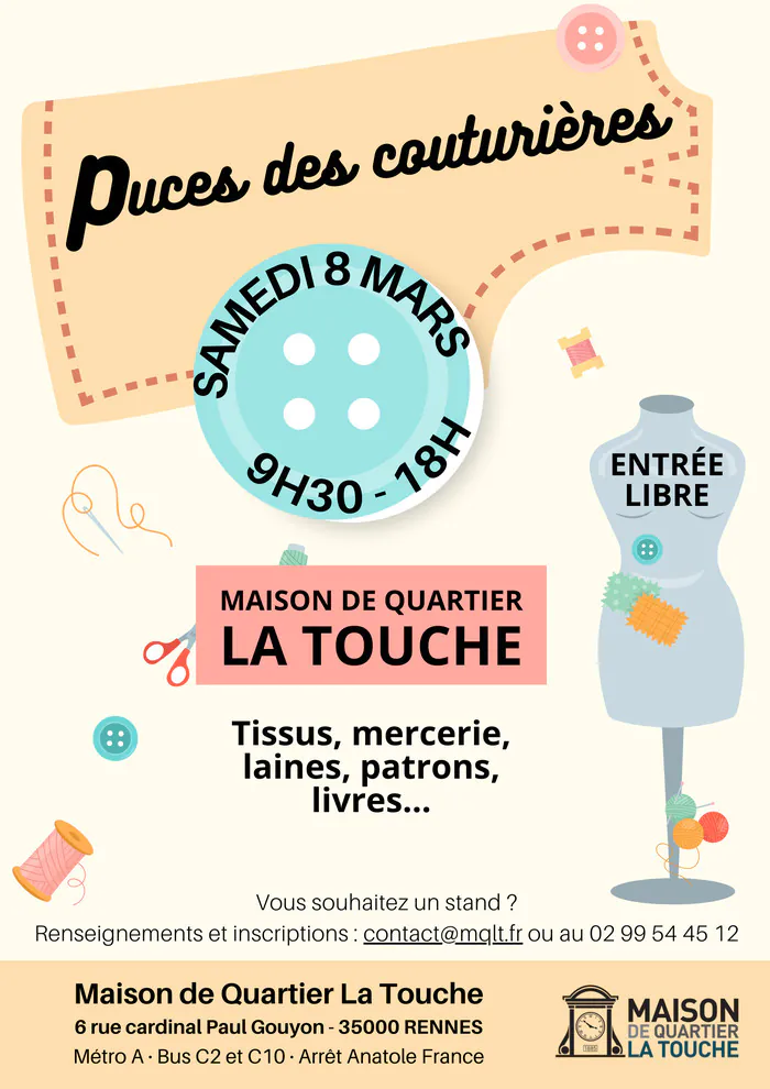 Sortir à Rennes, Puces des Couturières Maison de Quartier La Touche Samedi 8 mars, 09h30