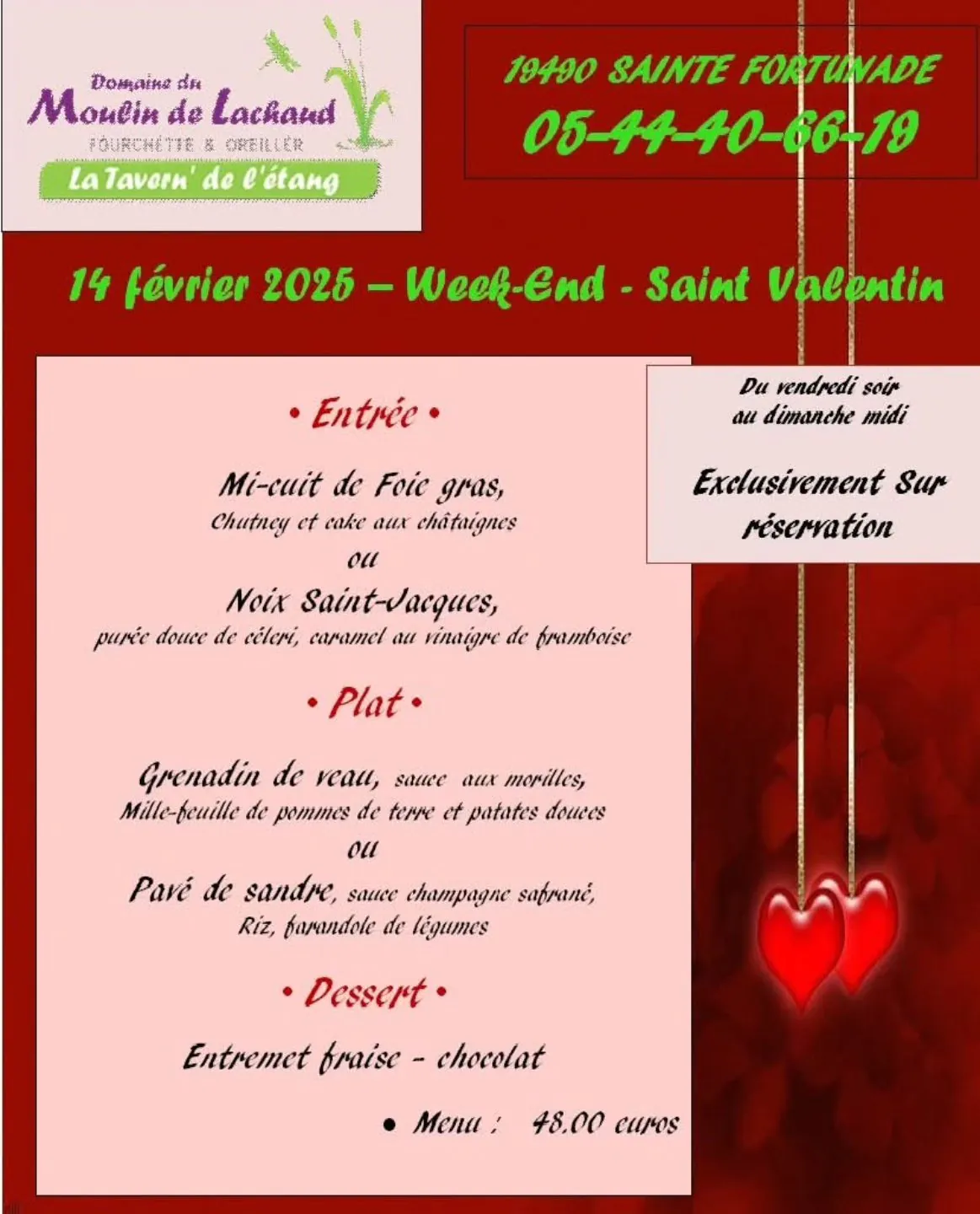 Moulin de lachaud Menu Saint Valentin