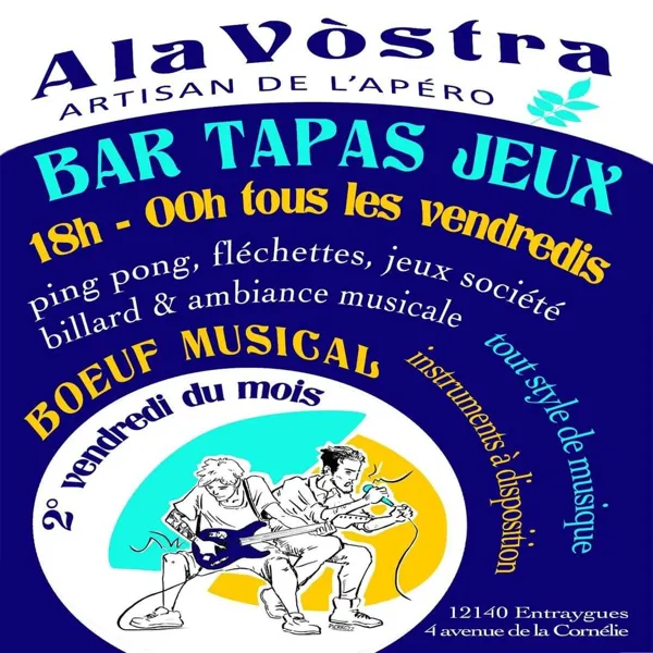 Soirée jeux tapas bar en musique. Boeuf musical