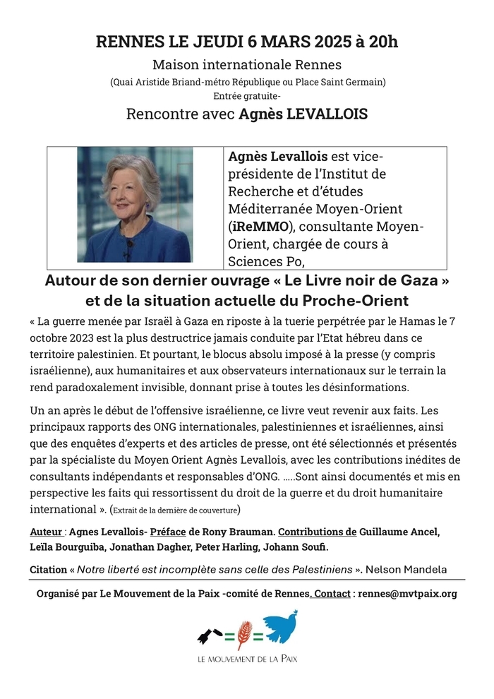 rencontre avec Agnes Levallois autour de son dernier ouvrage 'Le Livre noir de Gaza" et de la situation au moyen orient maison internationale de la ville de Rennes Rennes