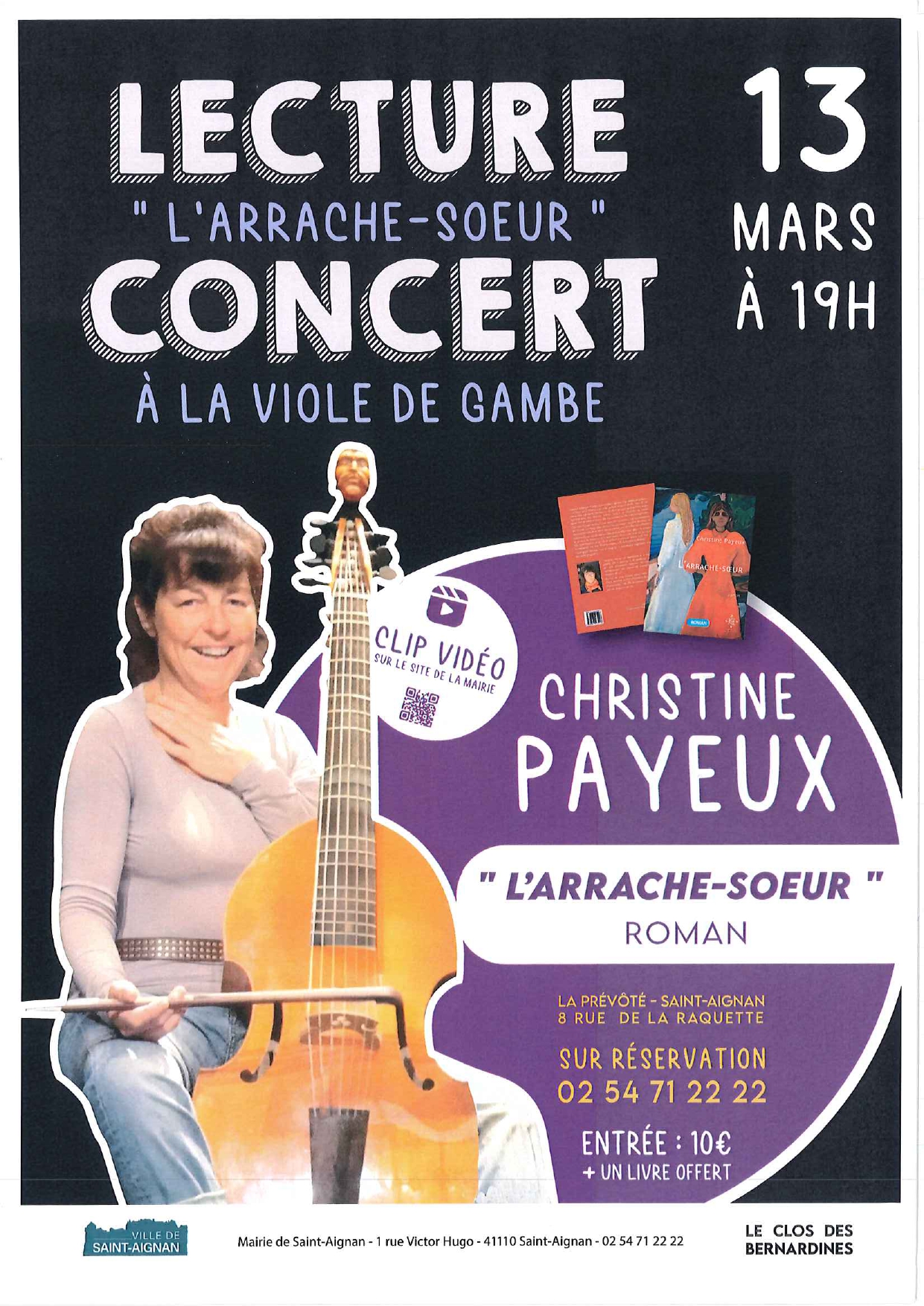 Lecture du roman "L'arrache-soeur" et Concert à la viole de Gambe par Christine Payeux