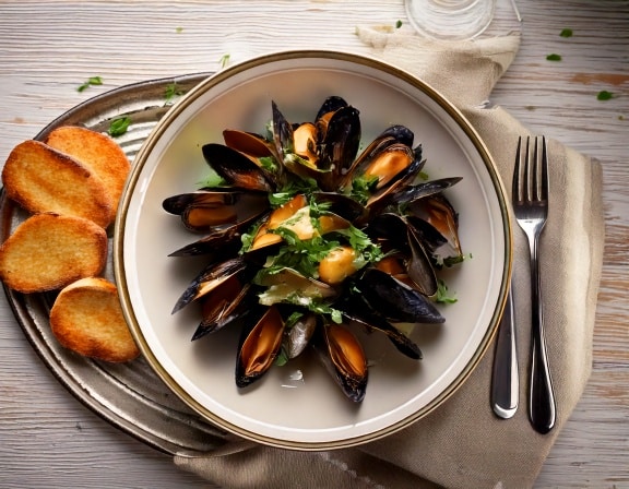 moules de la mer Tyrrhénienne moules au vin blanc, ail et persil de croûtons