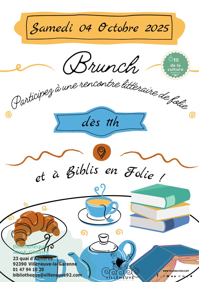 Brunch en folie : rencontre littéraire Bibliothèque Aimé Césaire Villeneuve-la-Garenne