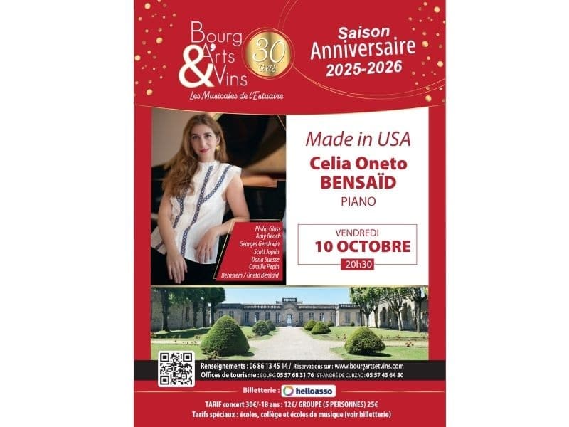 Saison anniversaire 30 ans Bourg Arts et Vins 2025-2026 Concert avec Celia Oneto Bensaid "Made in USA" au piano