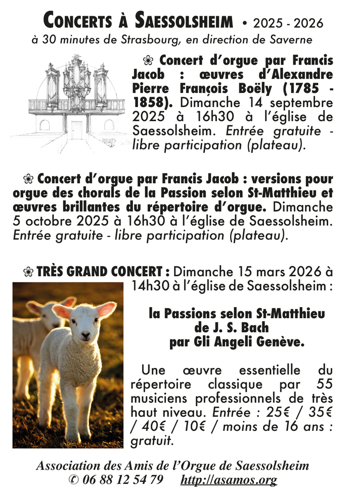 Concert d’orgue par Francis Jacob : concert en prélude à la Passion selon St-Matthieu Saessolsheim (Bas-Rhin)