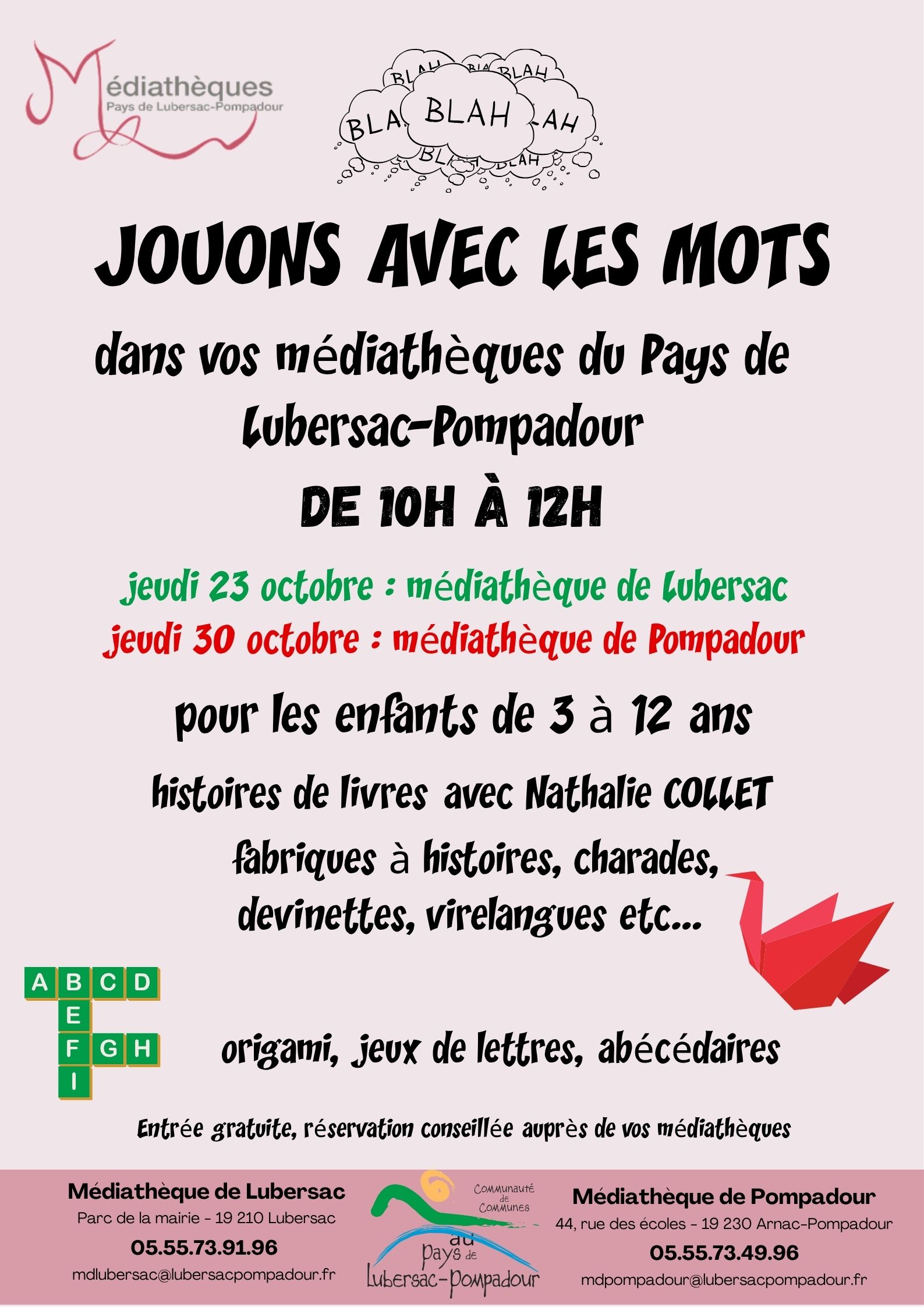 Lectures et ateliers Jouons avec les mots à la médiathèque de Pompadour