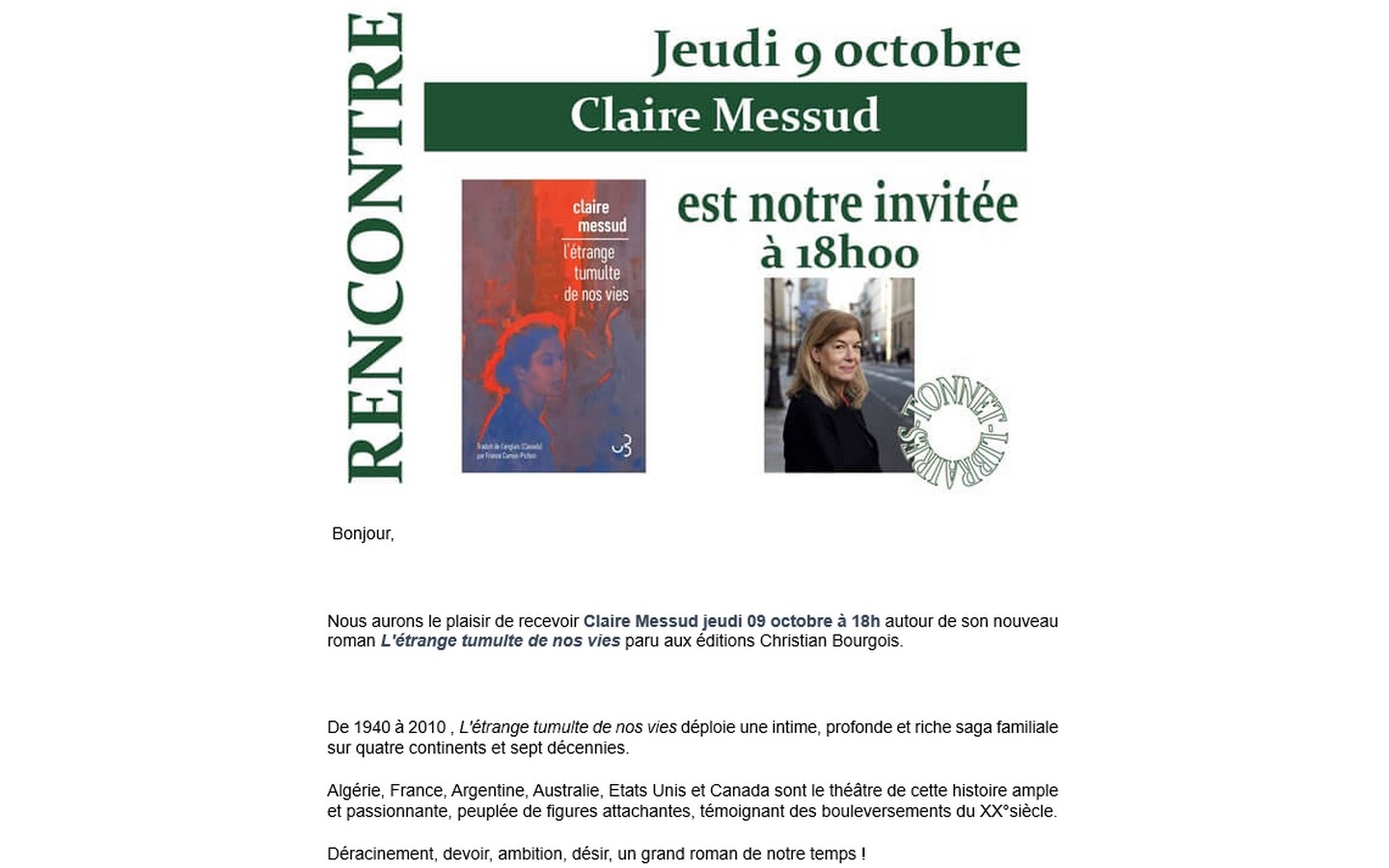Tonnet: Rencontre avec Claire Messud
