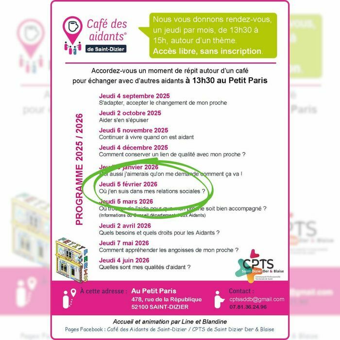 Café des Aidants – Saint-Dizier : Où j’en suis dans mes relations sociales ? Bar Au Petit Paris 478 Avenue de la République 52100 Saint-Dizier Saint-Dizier