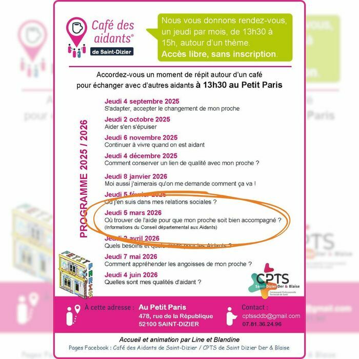 Café des Aidants – Saint-Dizier : Où trouver de l’aide pour que mon proche soit bien accompagné ? Bar Au Petit Paris 478 Avenue de la République 52100 Saint-Dizier Saint-Dizier