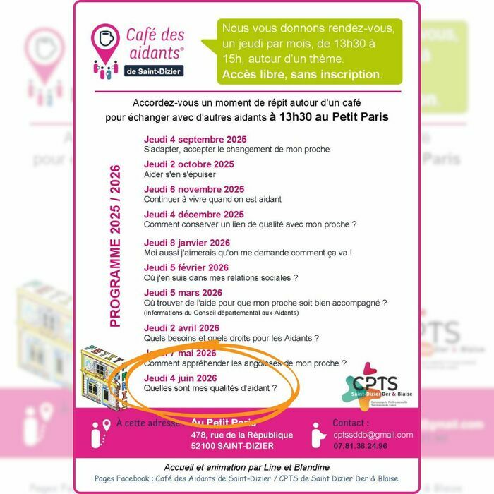 Café des Aidants – Saint-Dizier : Quelles sont mes qualités d’aidant ? Bar Au Petit Paris 478 Avenue de la République 52100 Saint-Dizier Saint-Dizier