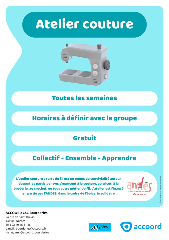 Atelier couture et arts du fil : rencontre création de l'atelier Centre socioculturel des Bourderies