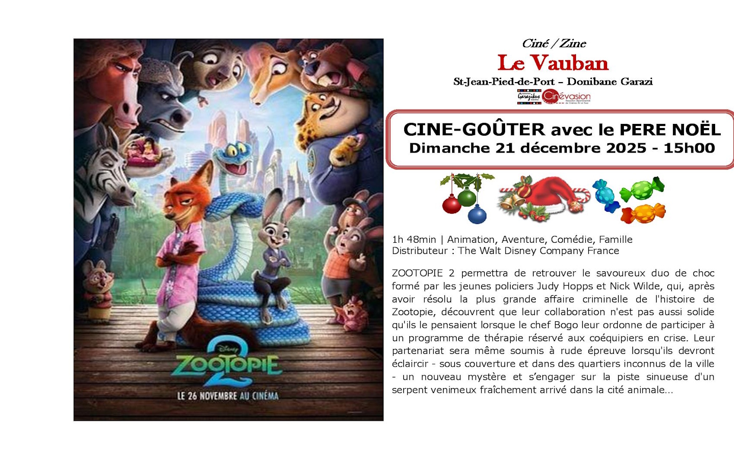 Ciné goûter avec le Père Noël film Zootopie 2