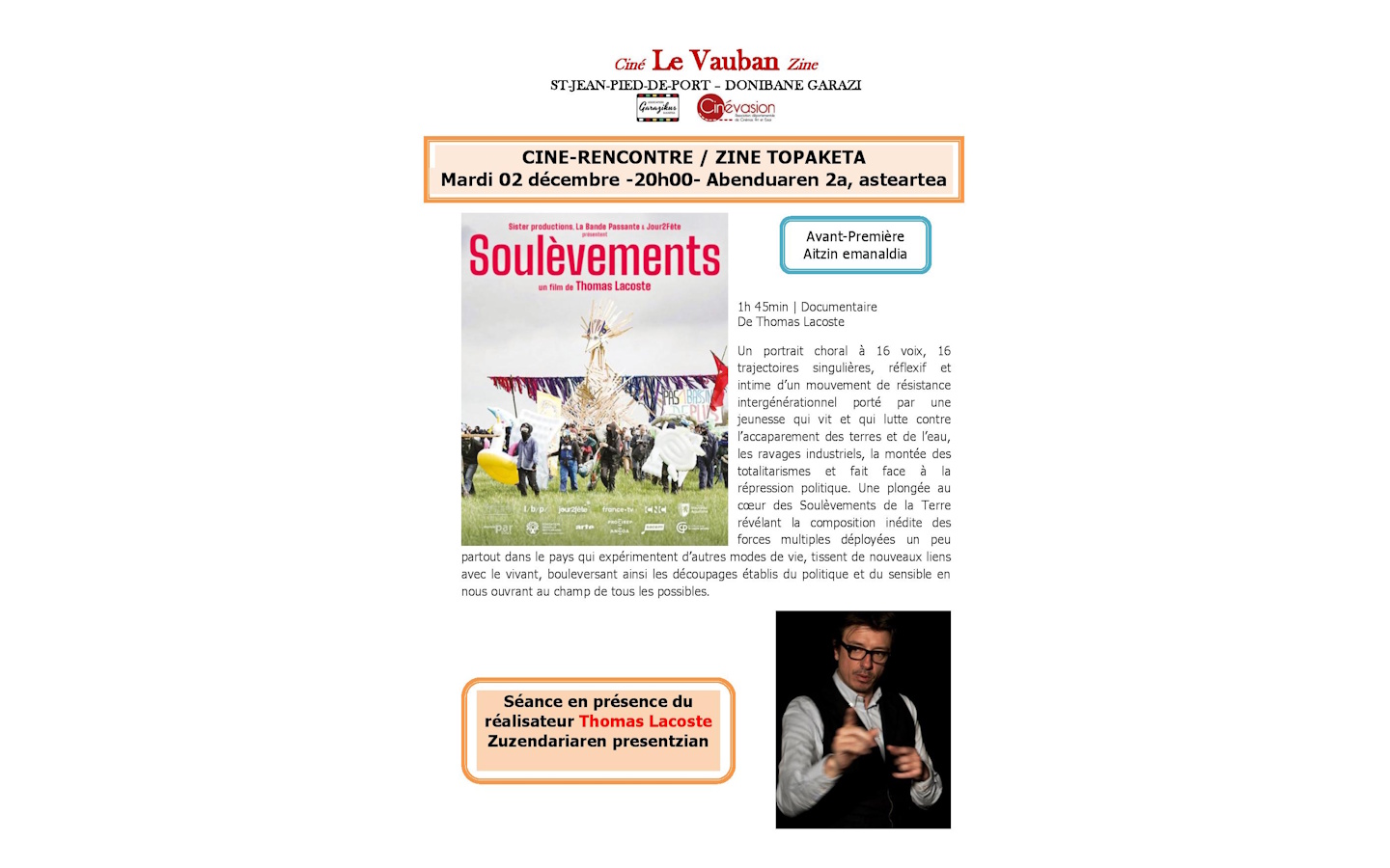 Ciné rencontre Soulèvements en avant-première. Séance en présence du réalisateur Thomas Lacoste