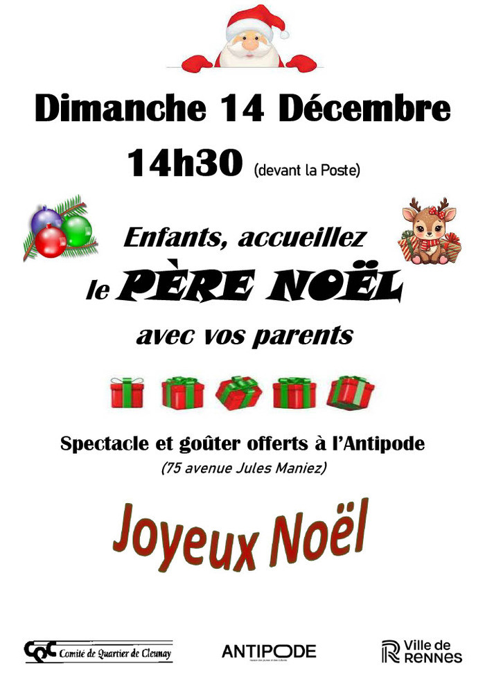 Dimanche 14 décembre – Arrivée du Père Noël Antipode Rennes Dimanche 14 décembre Dimanche 14 décembre - Arrivée du Père Noël Antipode Rennes