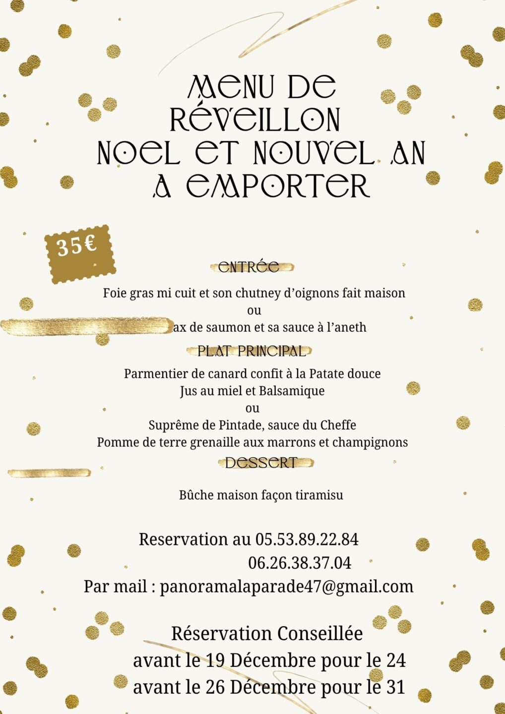 Menu du Réveillon à emporter