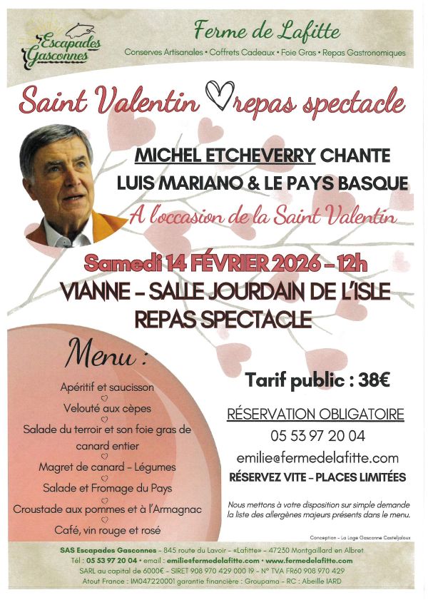 Saint Valentin à la ferme de Lafitte Repas spectacle avec Michel Etcheverry