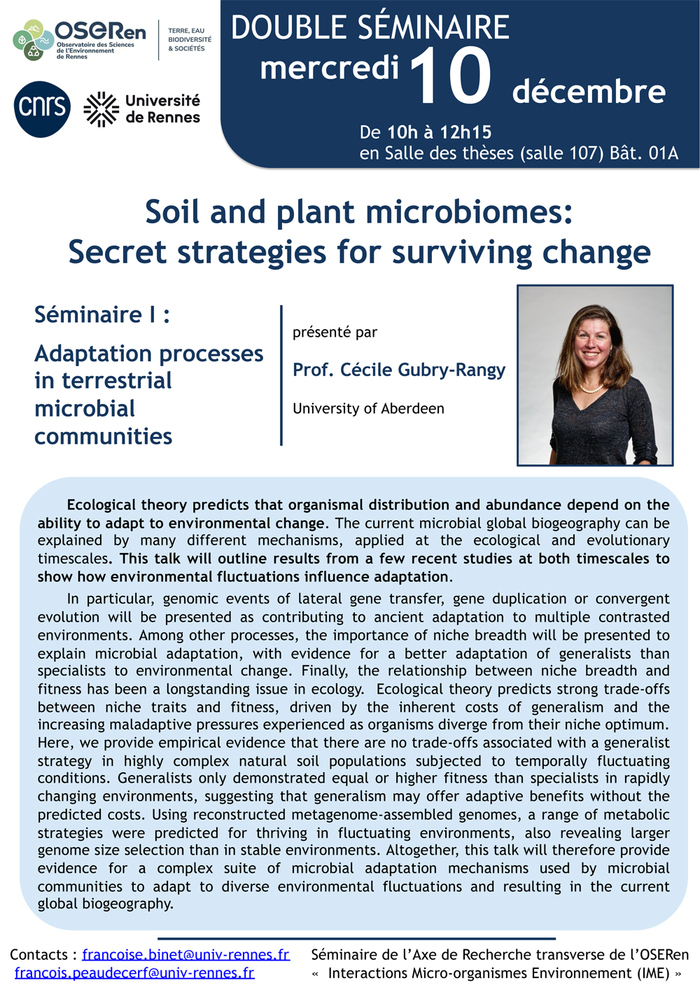 Soil and plant microbiomes: Secret strategies for surviving change Salle des thèses - Campus de Beaulieu