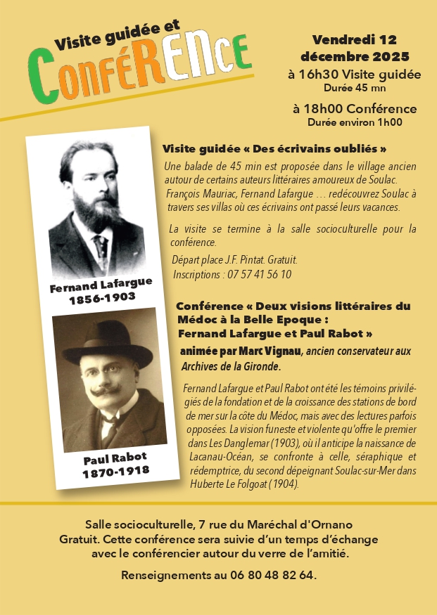 Visite guidée Des écrivains oubliés (gratuit sur inscription) et Conférence Deux visions littéraires du Médoc à la Belle Epoque (gratuit)