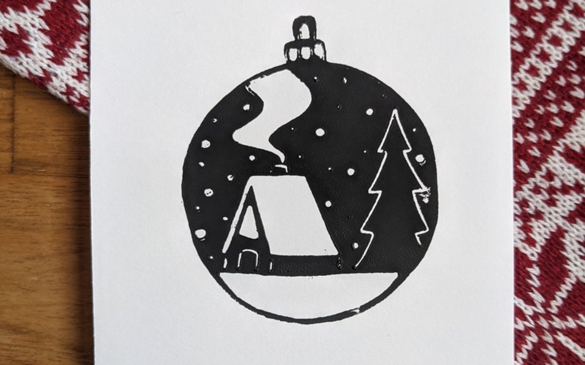 Carte de vœux linogravure Feuille Blanche