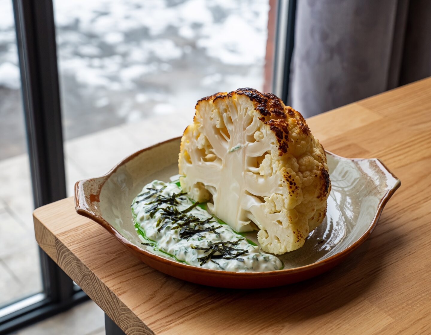 Chou-fleur rôti entier, sauce tahini-citron